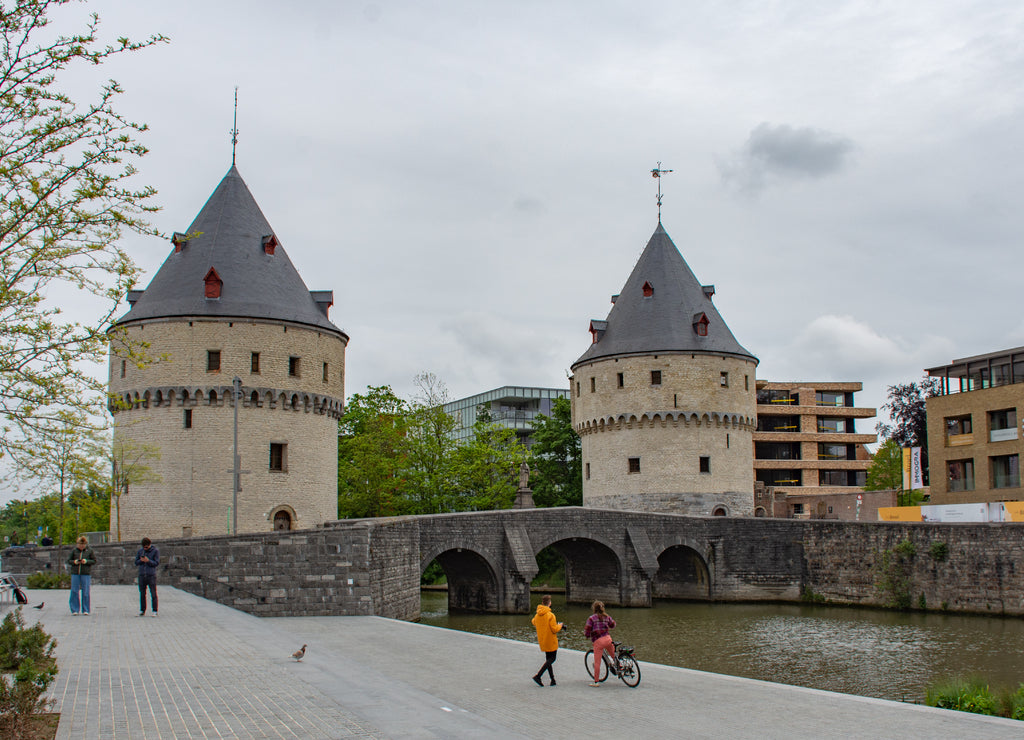 The medieval Broel Towers (Broeltorens) in Courtrai (Kortrijk) and Broelbridge on the river Leie, West Flanders, Belgium