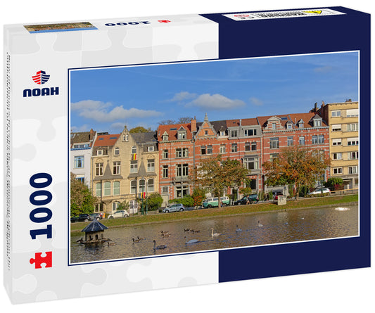 Row of houses in eclectic art nouveau style on the embankment of Ixelles lakes, Brussels, Belgium