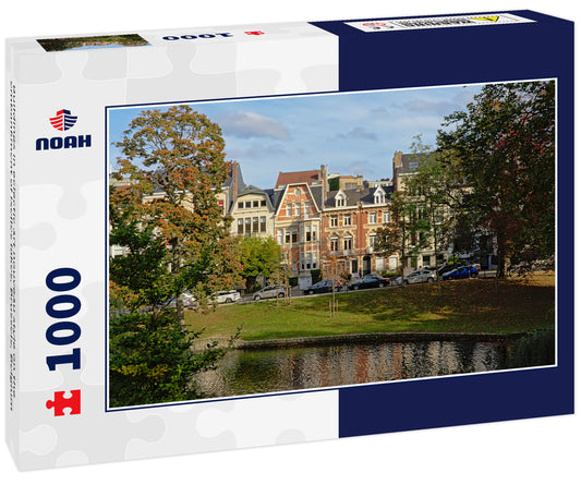 Buildings in eclectic art nouveau style on the embankment of Ixelles lakes, Brussels, Belgium