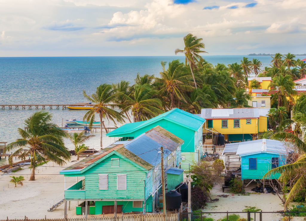 Aerial view at wooden pier dock and ocean view at Caye Caulker Belize Caribbean