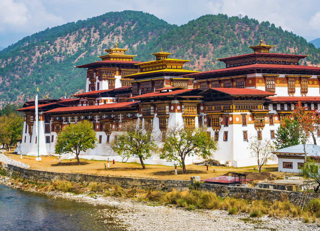 The Punakha Dzong Monastery in Bhutan Asia one of the largest monestary in Asiawith the landscape and mountains background, Punakha,Bhutan