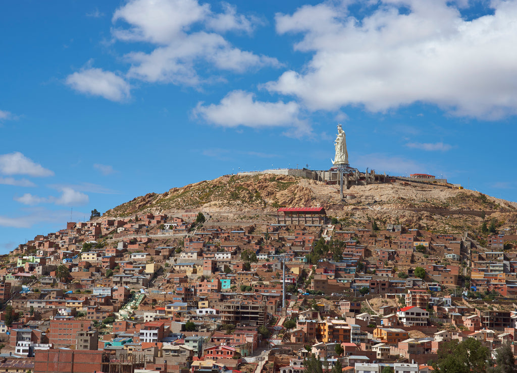 Statue of Christ the Redeemer on a high overlooking the mining town of Oruro on the altiplano of Bolivia
