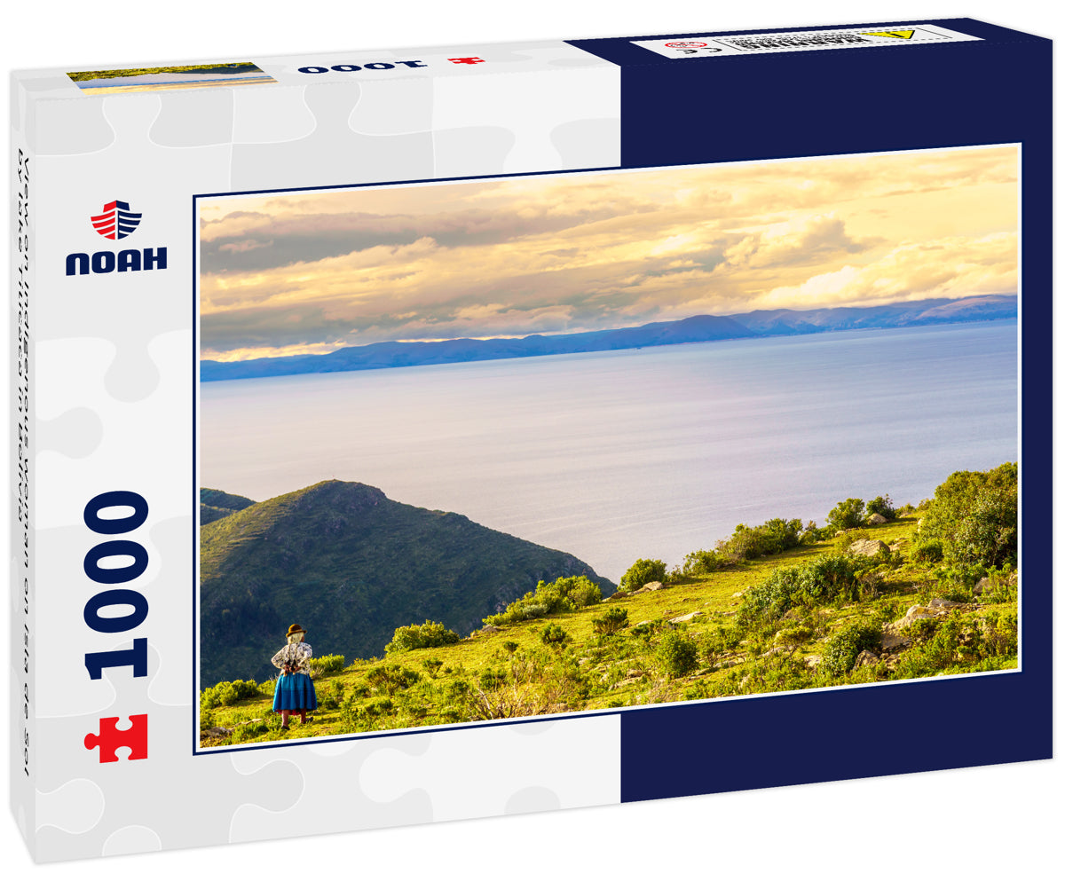 View on Indigenous woman on isla de Sol by lake Titicaca in Bolivia