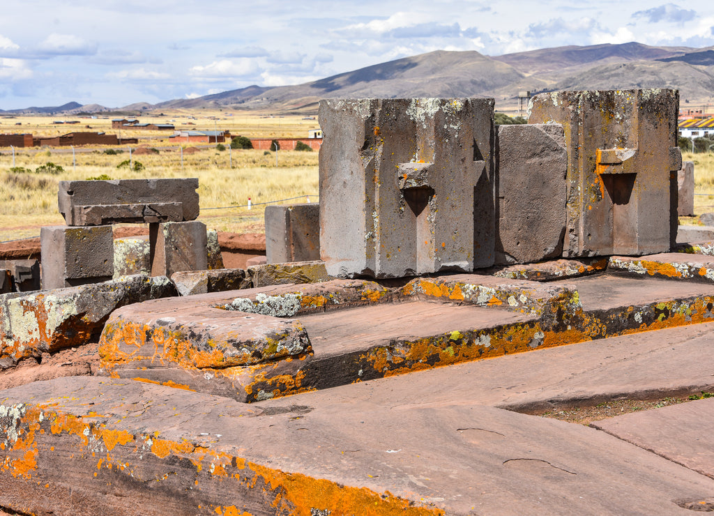 Elaborate stone carving in megalithic stone at Puma Punku, part of the Tiwanaku archaeological complex, a UNESCO world heritage site near La Paz, Bolivia