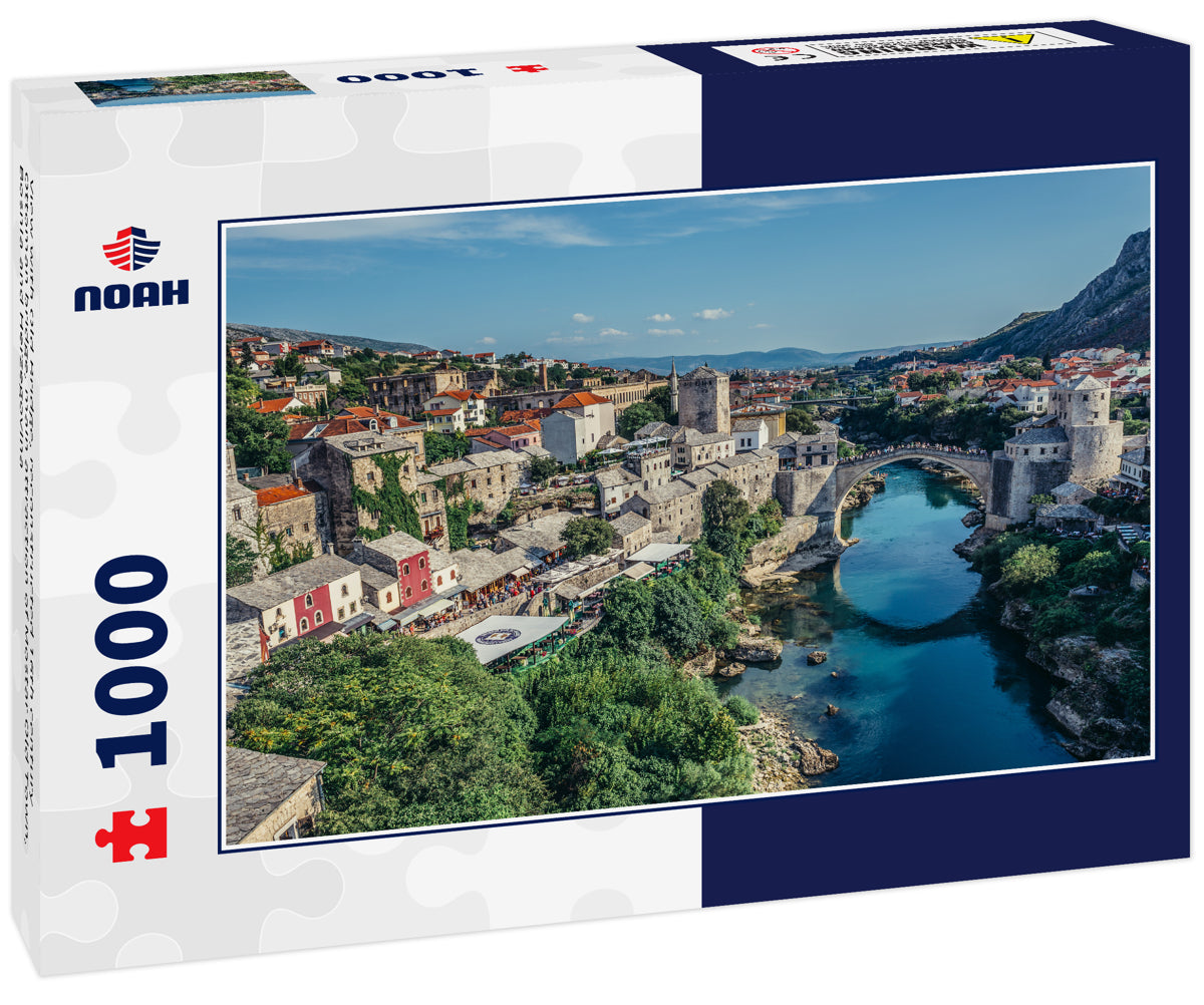 View with Old Bridge, reconstructed 16th century Ottoman bridge, main attraction of Mostar Old Town, Bosnia and Herzegovina