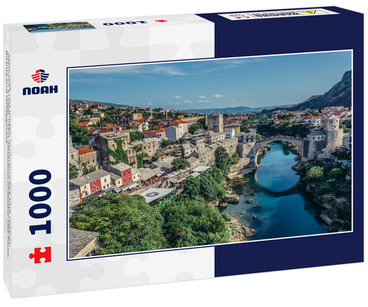 View with Old Bridge, reconstructed 16th century Ottoman bridge, main attraction of Mostar Old Town, Bosnia and Herzegovina