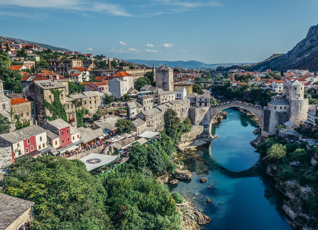 View with Old Bridge, reconstructed 16th century Ottoman bridge, main attraction of Mostar Old Town, Bosnia and Herzegovina