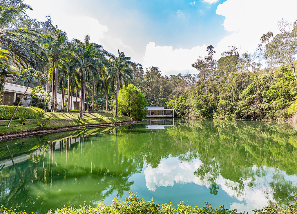 Brumadinho, Minas Gerais, Brazil. View of Inhotim Gardens and lake