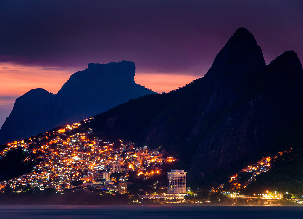 Lights of Vidigal Favela in Rio de Janeiro, at Night, With Mountains