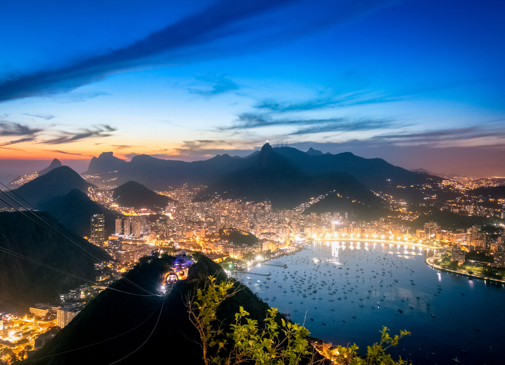 Rio de Janeiro at night with Urca and Corcovado mountain and Guanabara Bay - Rio de Janeiro, Brazil