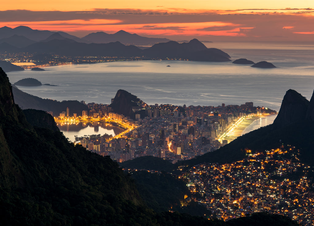 View of Favela Rocinha at Night With Ipanema District Behind, in Rio de Janeiro, Brazil