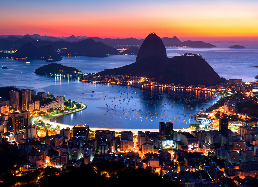 Rio de Janeiro just before Sunrise, City Lights, and Sugarloaf Mountain