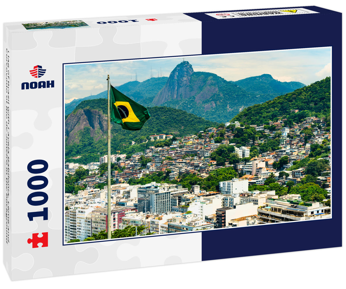 Flag of Brazil with Favela Babilonia, Leme and Corcovado of Rio de Janeiro in the background