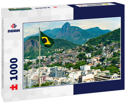 Flag of Brazil with Favela Babilonia, Leme and Corcovado of Rio de Janeiro in the background