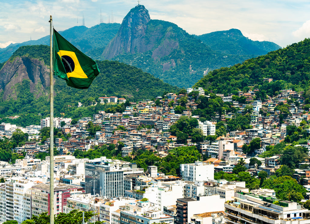 Flag of Brazil with Favela Babilonia, Leme and Corcovado of Rio de Janeiro in the background
