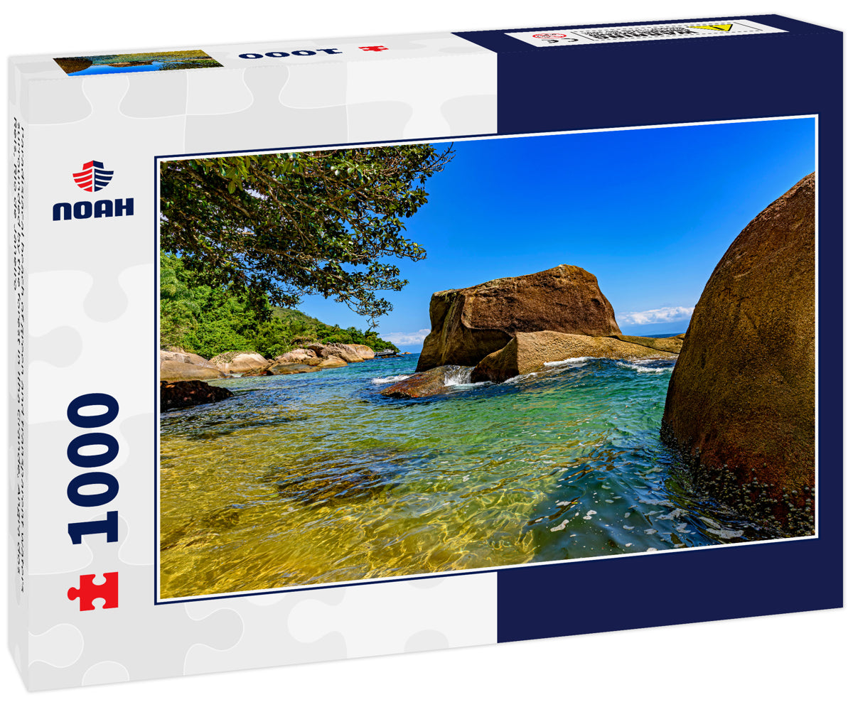 Paradisiacal beach of green and transparent waters surrounded by the forest in Ilha Grande, Angra dos Reis, Rio de Janeiro