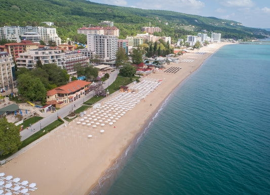 Aerial view of the beach and hotels in Golden Sands, Zlatni Piasaci. Popular summer resort near Varna, Bulgaria