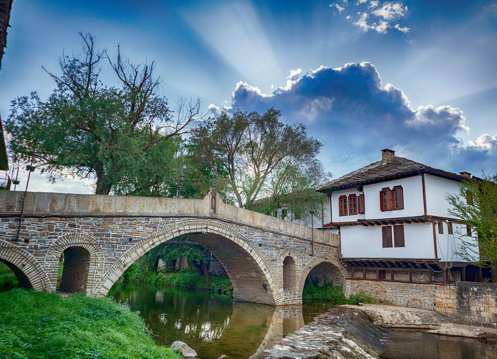 Beautiful view of the Clock tower and the old town in the architectural traditional complex in Tryavna, Bulgaria