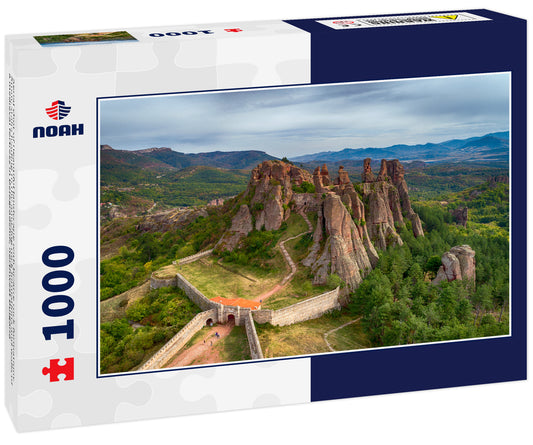 Aerial shot of Beautiful landscape with bizarre rock formations. Stone stairs leading to the amazing rock formations and walls of a medieval fortress in Belogradchik, northwest Bulgaria