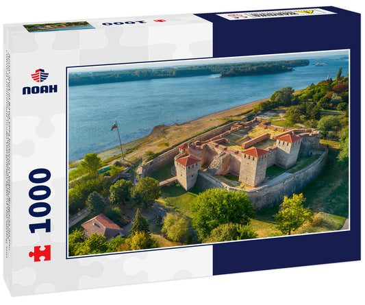 Aerial shot of Baba Vida fortress in Vidin, Bulgaria on the shore of Danube river - impressive and well preserved cultural monument under the golden light of the setting sun
