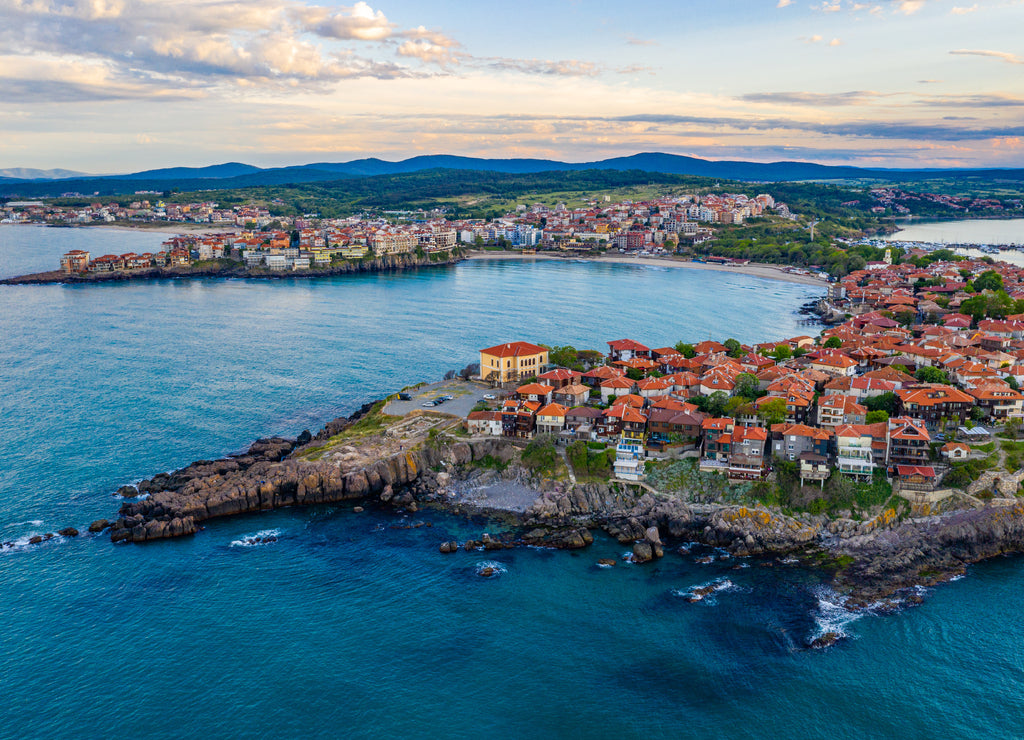 Sunset aerial view of Bulgarian town Sozopol