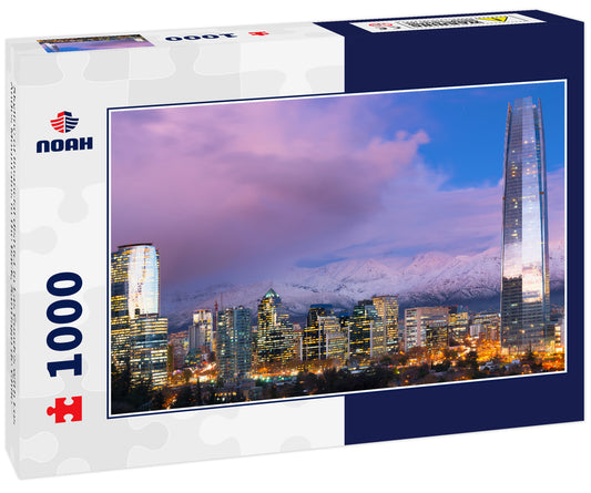 Skyline of financial district in Las Condes with Los Andes Mountains in the back, Santiago de Chile