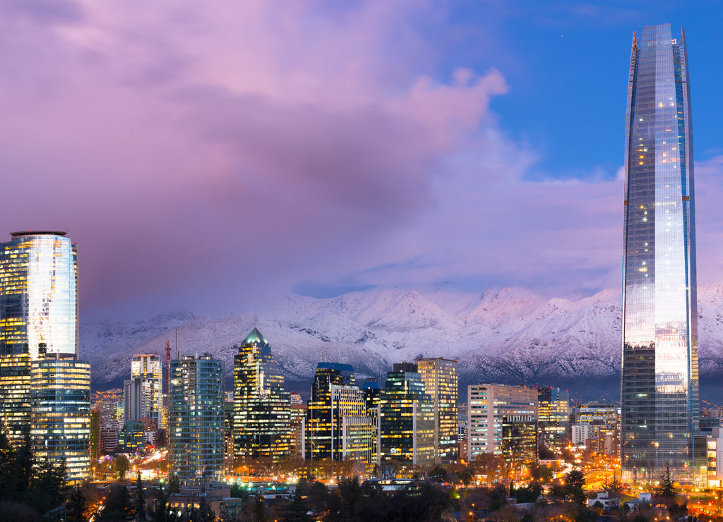 Skyline of financial district in Las Condes with Los Andes Mountains in the back, Santiago de Chile