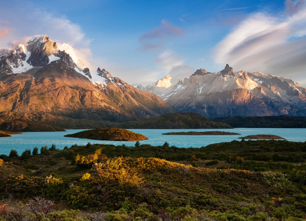 Snowcapped mountains and lake, Torres del Paine, Chile