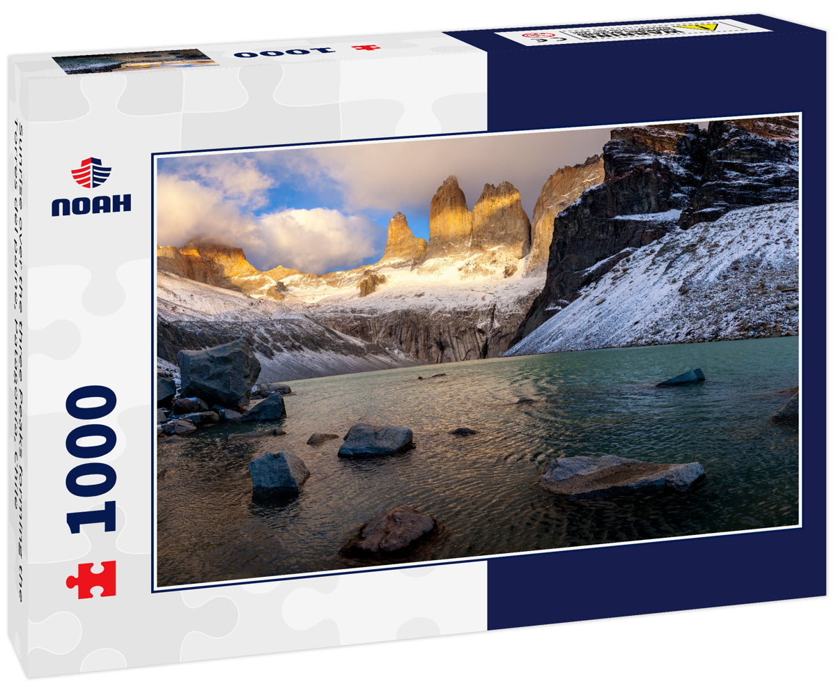 Sunrise over the three Peaks forming the Torres del paine, Patagonia, Chile