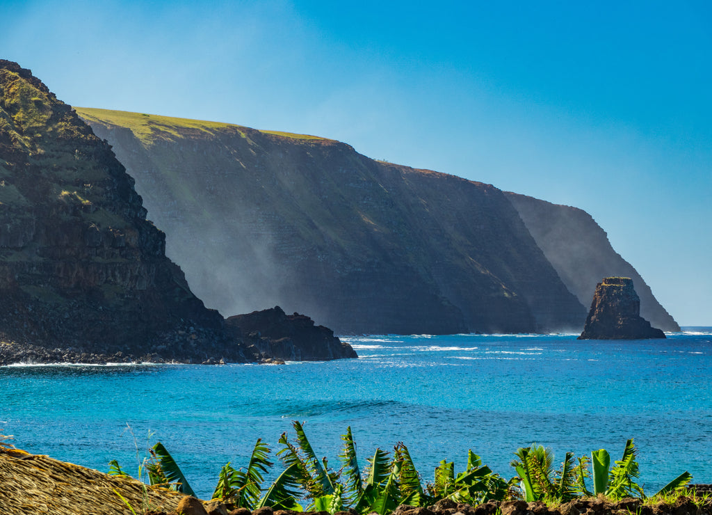 Rough coastline in Easter Island, profile view, Chile