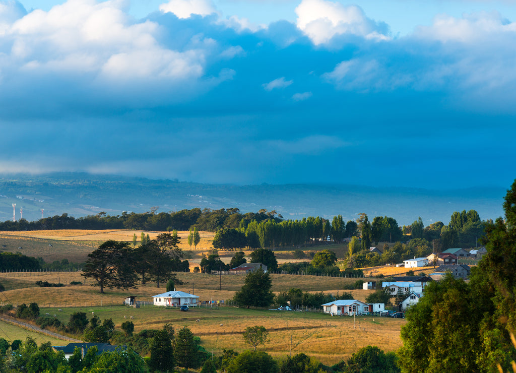 Overview of Meadows around Chonchi, Chiloe Island, Chile