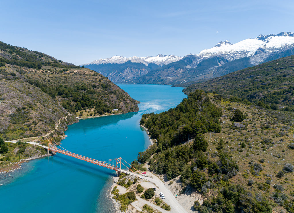 Aerial view of General Carrera bridge, Bertrand Lake and General Carrera Lake - Chile Chico, Aysén, Chile