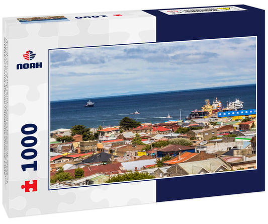 Aerial view of the Punta Arenas town with Strait of Magellan on background (Mirador Cerro De La Cruz). Skyline of Punta Arenas, Patagonia Chilena, Chile