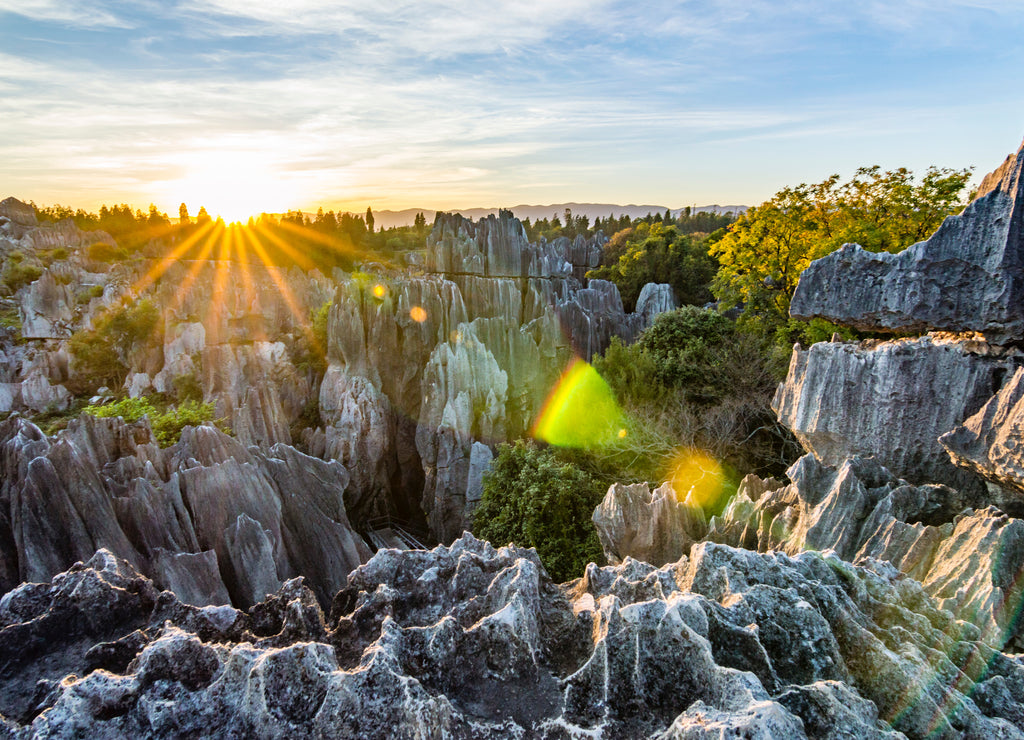 Beautiful sunset in Stone Forest in Shilin, Kunming, Yunnan province, China