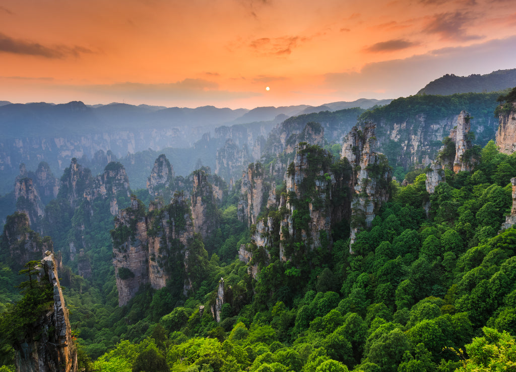 Zhangjiajie National forest park at sunset, Wulingyuan, Hunan, China