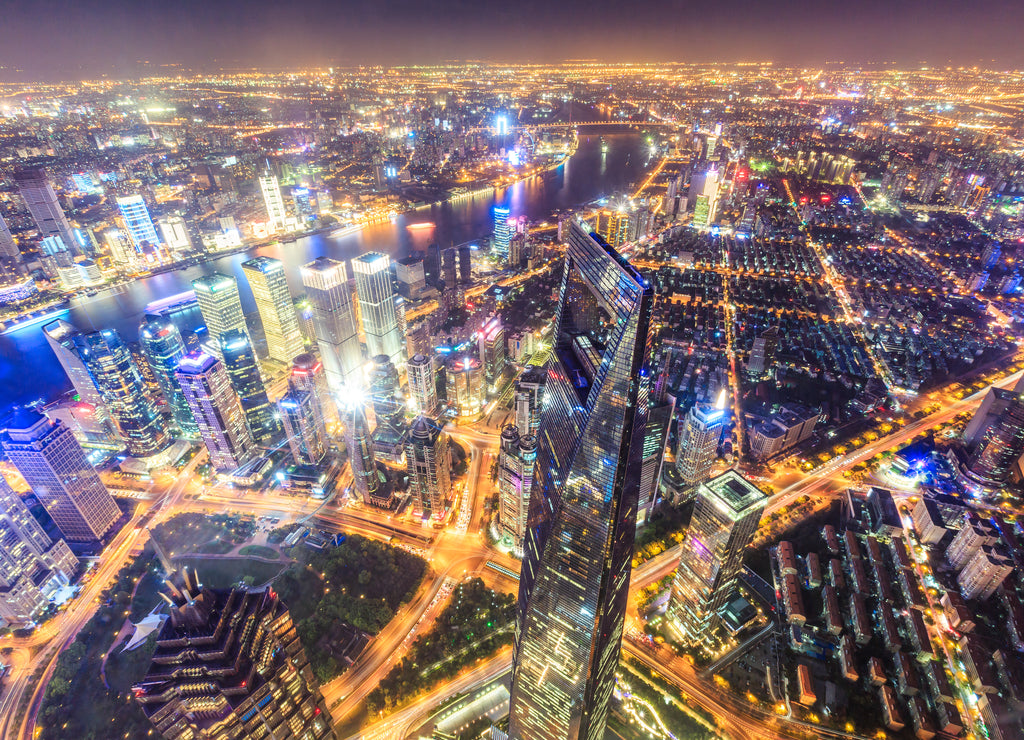 Lujiazui financial district at night in Shanghai, China