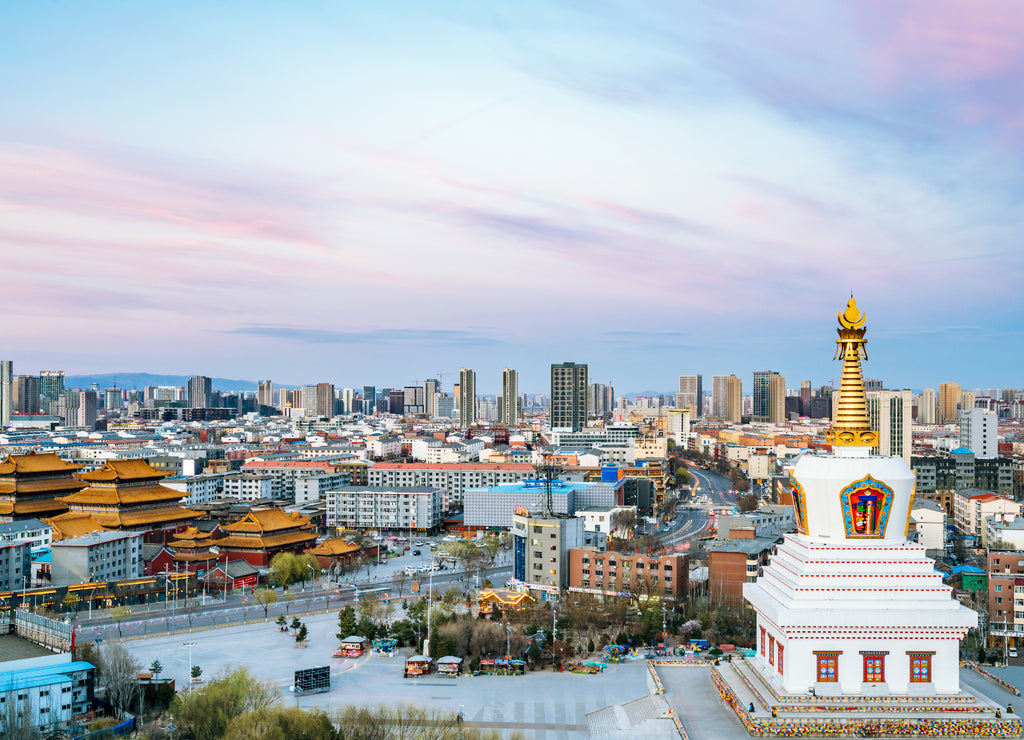 Dusk of Guanyin Temple and Baoerhan Stupa in Hohhot, Inner Mongolia