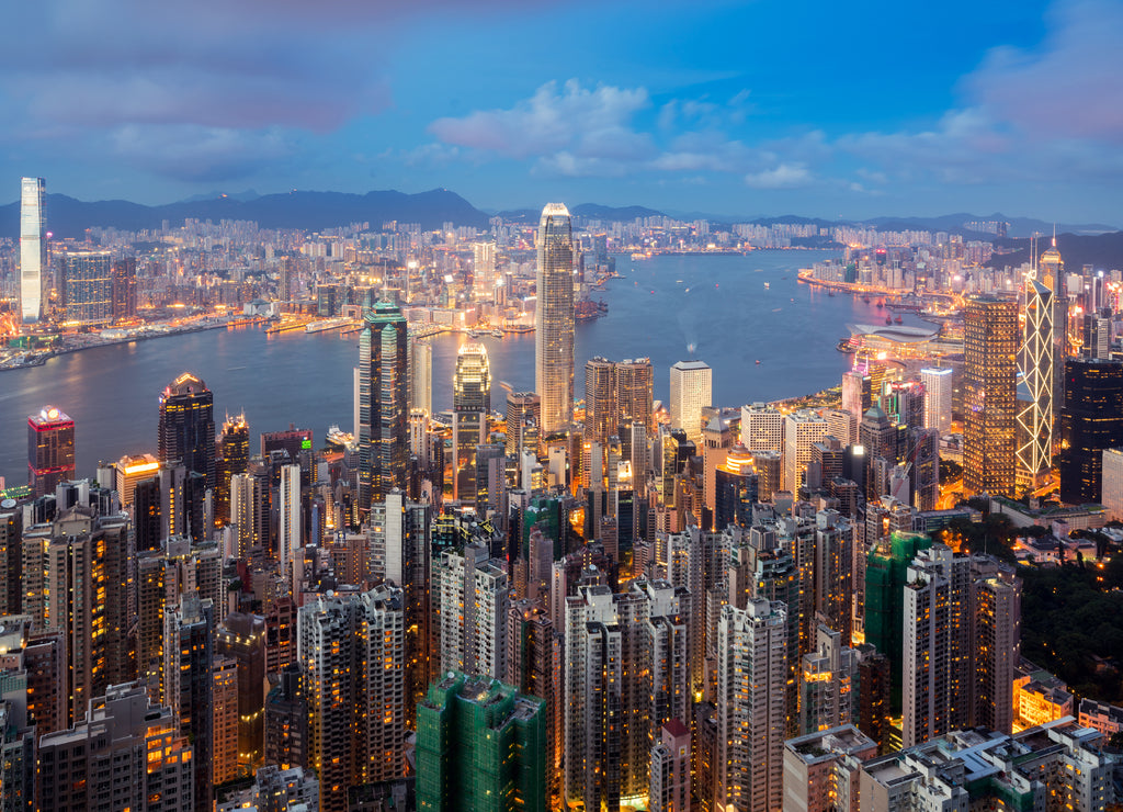 Hong Kong in Kowloon area skyline view from Victoria Peak in Hong Kong. Asian tourism, modern city life, or business finance and economy concept
