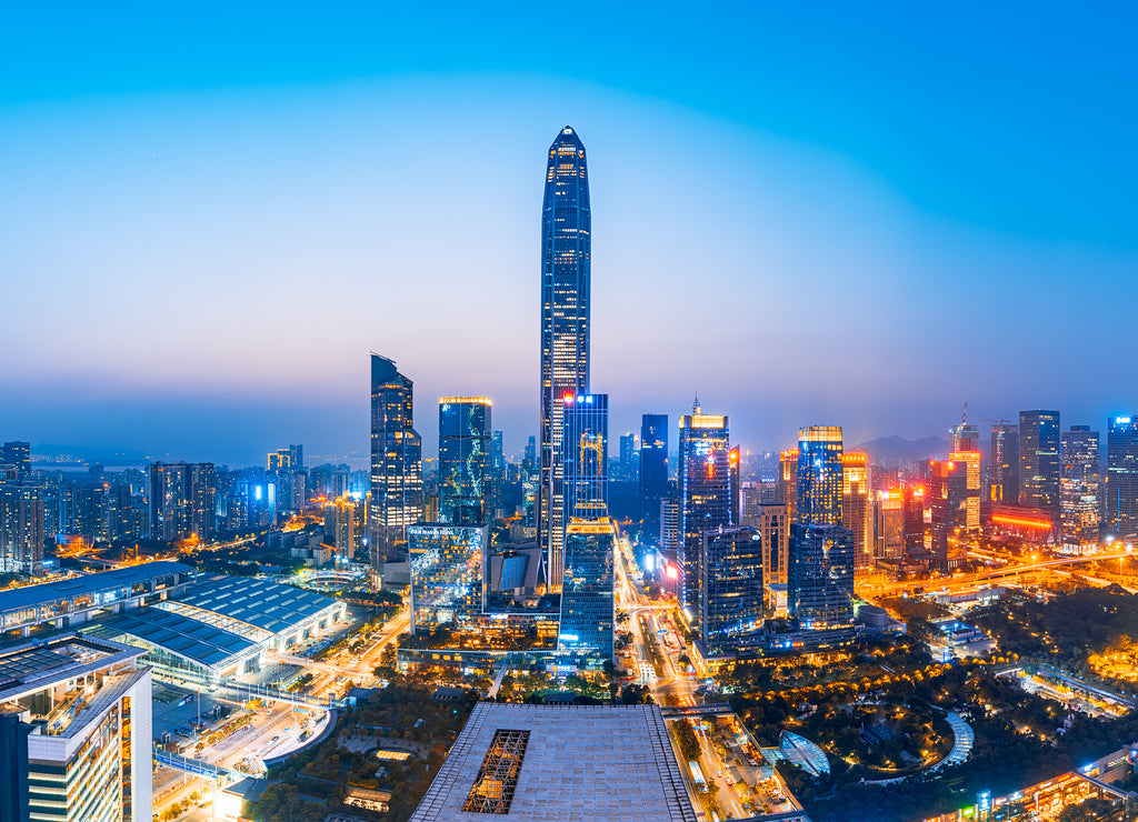 Skyline scenery at sunset in Futian CBD, Shenzhen, China