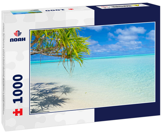 Palm frond on white beach and gorgeous turquoise water at desert One Foot Island, Aitutaki, Cook Islands