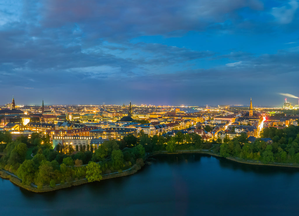 Breathtaking city lights, wide Copenhagen panorama at night