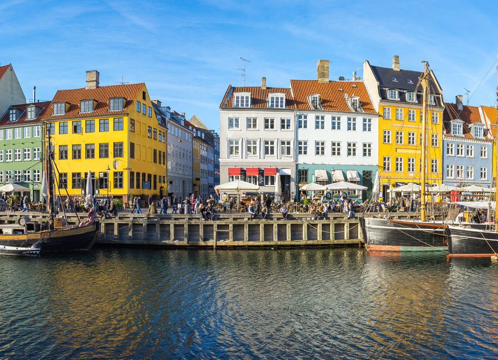 Panorama view of Nyhavn with the canal in Copenhagen city, Denmark