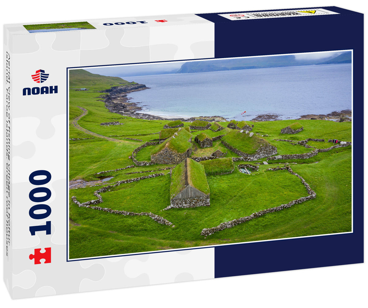 Aerial view of fishing village in Koltur island. Faroe Islands. Green roof houses
