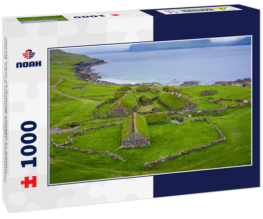 Aerial view of fishing village in Koltur island. Faroe Islands. Green roof houses