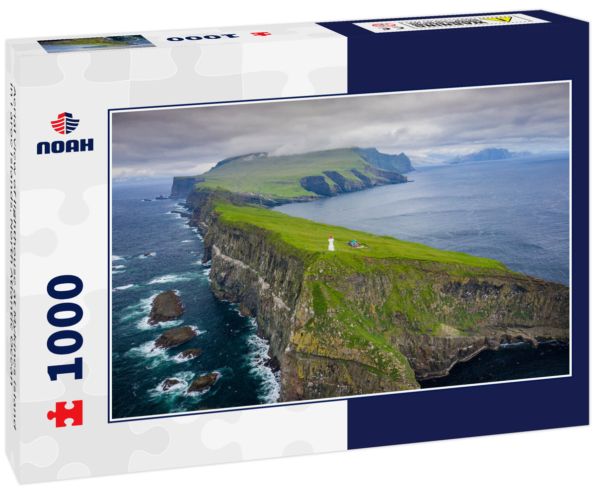 Aerial view of lighthouse at Mykines island in Faroe Islands, North Atlantic Ocean