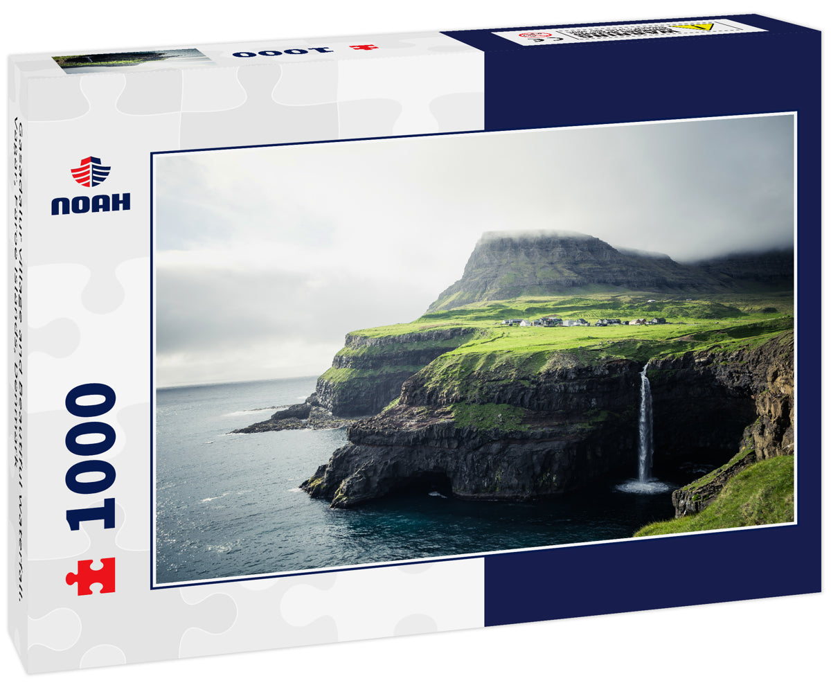 Gasadalur village and Beautiful waterfall. Vagar, Faroe Islands, Denmark