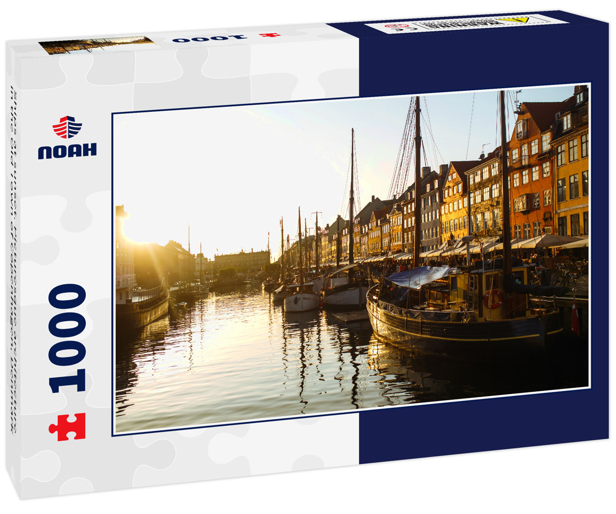 Ships at sunset. Picturesque architecture in the Old Town of Copenhagen, Denmark