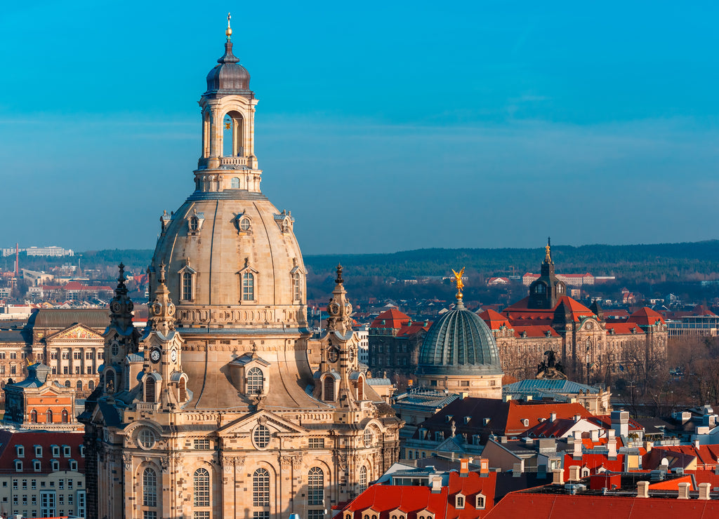 Frauenkirche and glass dome of Academy of Fine Arts or Lemon Squeezer and roofs of old Dresden, Saxony, Germany
