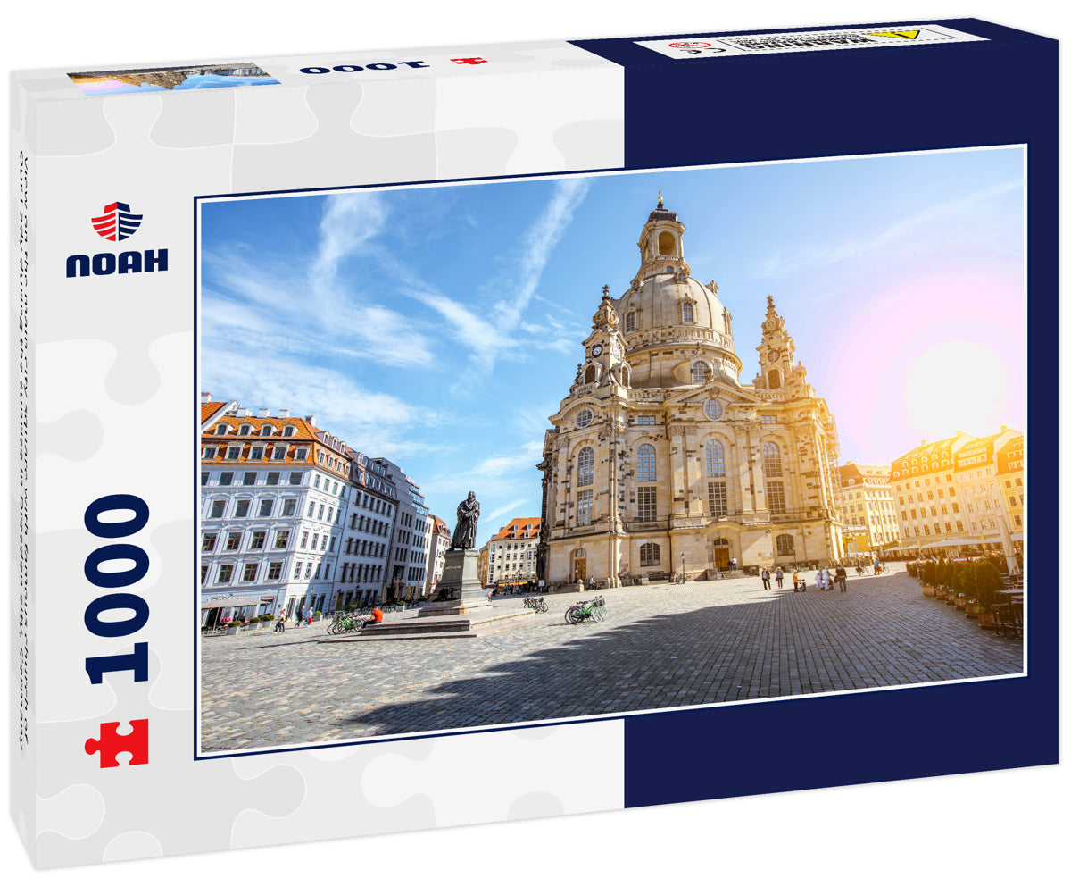 View on the main city square with famous church of Our Lady during the sunrise in Dresden city, Germany