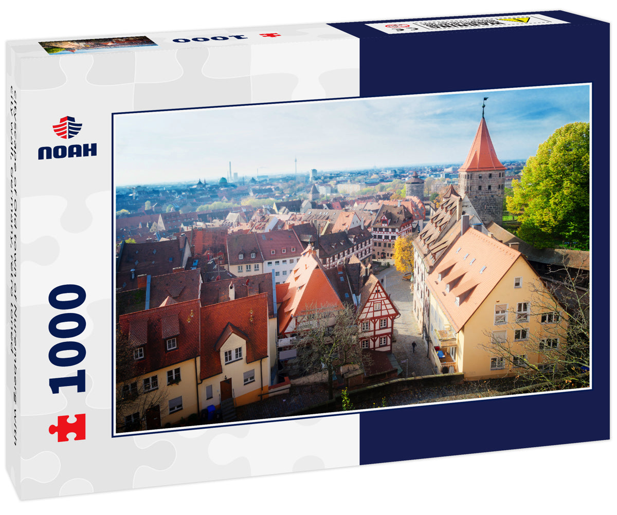 cityscape of Old town of Nuremberg with city wall, Germany, retro toned